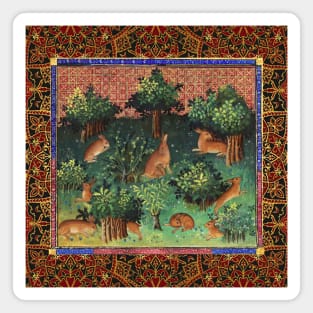 BOOK OF HUNTING ,HARES IN WOODLAND GREENERY Medieval Miniature Magnet